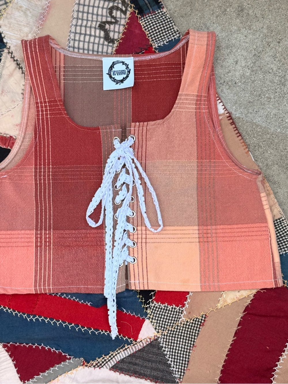 Handmade lace up -Front Plaid Crop Top in Rust and Peach - Picture 4 of 5